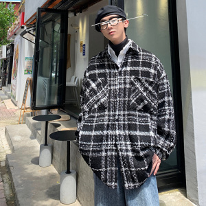 CT20情侣圈圈呢港风宽松格子衬衫外套男学生夹克衬衫男  P75图片