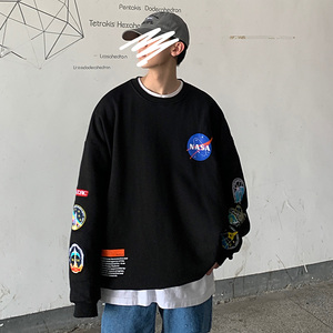 WS02重工艺万针刺绣印花圆领套头宽松大码卫衣男P45白图片