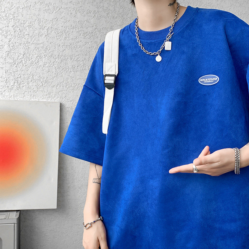 DX1533`重磅280克抖音-麂皮绒宽松情侣短袖T恤男P3548蓝，男装T恤，电商A066