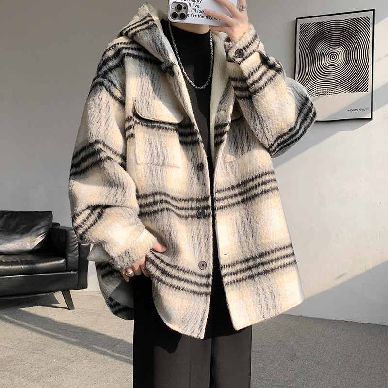 MH08`条纹ins加厚中长款羊羔毛呢料外套连帽棉衣棉服男P118,男装棉衣,电商A066