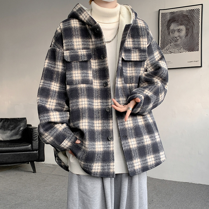 MH10`条纹ins加厚中长款羊羔毛呢料外套连帽棉衣棉服男 P118图片