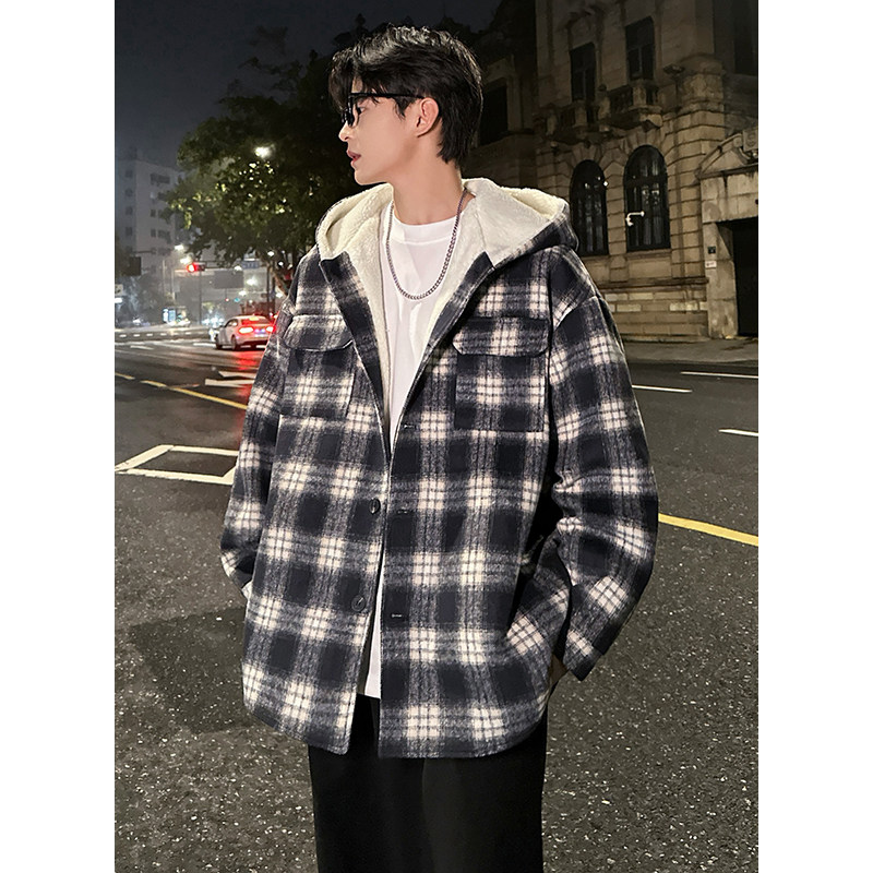 MH10`条纹ins加厚中长款羊羔毛呢料外套连帽棉衣棉服男P118,男装棉衣,电商A066