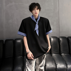 KT1027`（垫肩可拆装 送三角巾）格子短袖T恤男ins潮牌上痞帅P48,男装T恤,电商A066