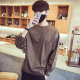 CC38简约拼接原宿风套头卫衣蝙蝠袖卫衣男P40棕绿色，男装卫衣，电商A066