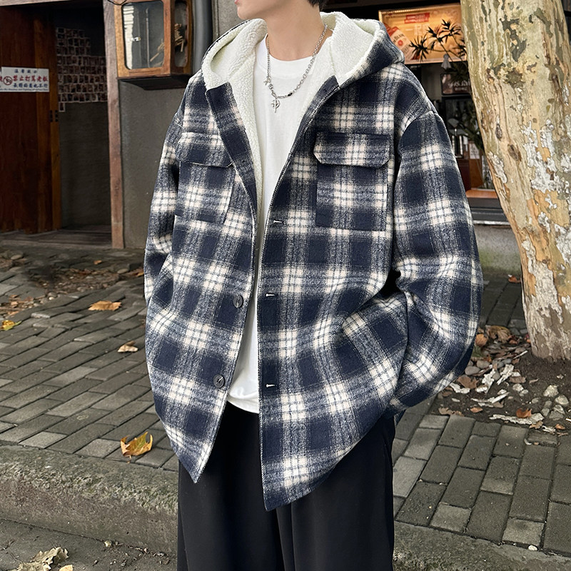 MH10`条纹ins加厚中长款羊羔毛呢料外套连帽棉衣棉服男 P118图片