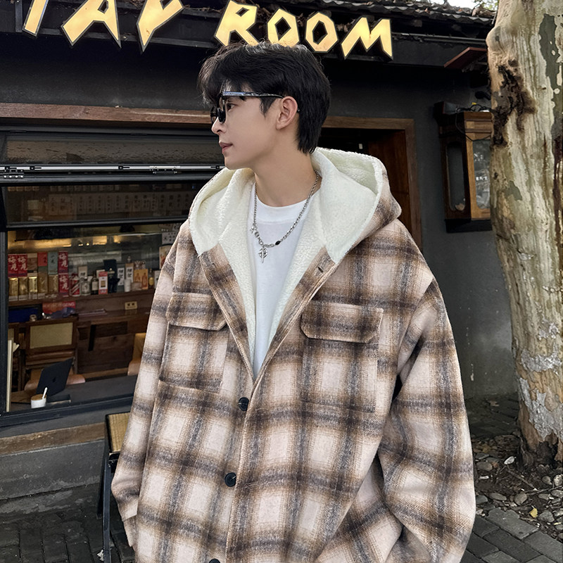 MH10`条纹ins加厚中长款羊羔毛呢料外套连帽棉衣棉服男P118,男装棉衣,电商A066