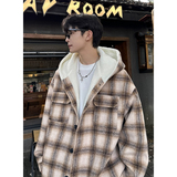 MH10`条纹ins加厚中长款羊羔毛呢料外套连帽棉衣棉服男P118，男装棉衣，电商A066