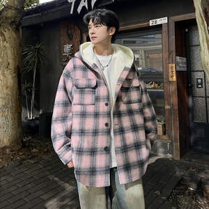 MH10`条纹ins加厚中长款羊羔毛呢料外套连帽棉衣棉服男 P118图片