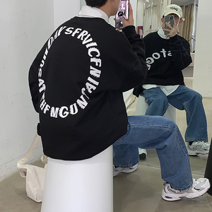 WS01`ins宽松潮牌港风大码圆领套头卫衣男P3855黑，男装卫衣，电商A066