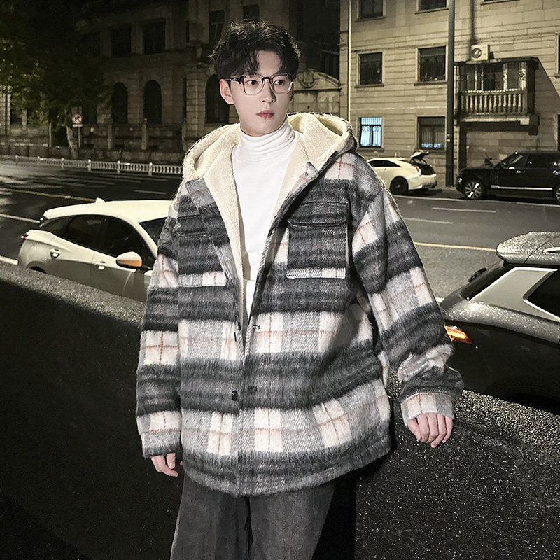 MH15`条纹ins加厚中长款羊羔毛呢料外套连帽棉衣棉服男P118,男装棉衣,电商A066