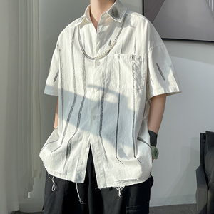 DX1527街潮水洗磨破短袖情侣衬衫男P5568赠送项链（可拆卸）3，男装T恤，电商A066