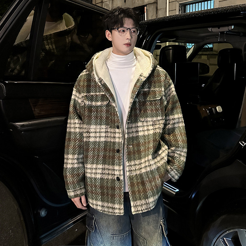 MH09`条纹ins加厚中长款羊羔毛呢料外套连帽棉衣棉服男P118,男装棉衣,电商A066