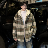 MH09`条纹ins加厚中长款羊羔毛呢料外套连帽棉衣棉服男P118，男装棉衣，电商A066