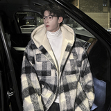 MH18`条纹ins加厚中长款羊羔毛呢料外套连帽棉衣棉服男P118，男装棉衣，电商A066