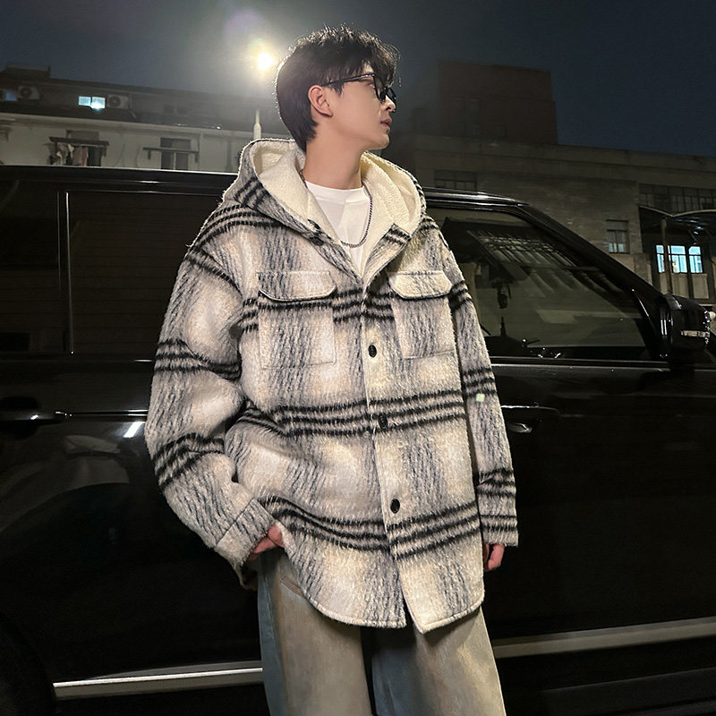 MH08`条纹ins加厚中长款羊羔毛呢料外套连帽棉衣棉服男P118,男装棉衣,电商A066