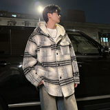 MH08`条纹ins加厚中长款羊羔毛呢料外套连帽棉衣棉服男P118，男装棉衣，电商A066