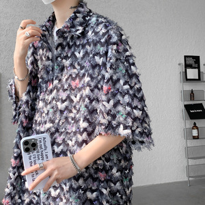 DX1562`oversize宽松重工艺流苏蝴蝶情侣花衬衫男女P4868黑图片