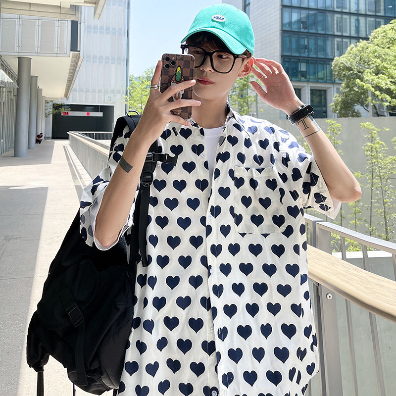 DX1516’中性风宽松情侣大码爱心满印衬衫男女P4058白色1，男装衬衫，电商A066