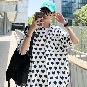 DX1516’中性风宽松情侣大码爱心满印衬衫男女P4058白色1，男装衬衫，电商A066