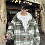 MH09`条纹ins加厚中长款羊羔毛呢料外套连帽棉衣棉服男P118，男装棉衣，电商A066