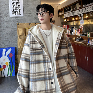 MH11`条纹ins加厚中长款羊羔毛呢料外套连帽棉衣棉服男 P118图片