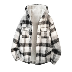 MH18`条纹ins加厚中长款羊羔毛呢料外套连帽棉衣棉服男 P118，男装棉衣，电商A066