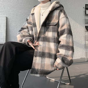 MH18`条纹ins加厚中长款羊羔毛呢料外套连帽棉衣棉服男 P118图片