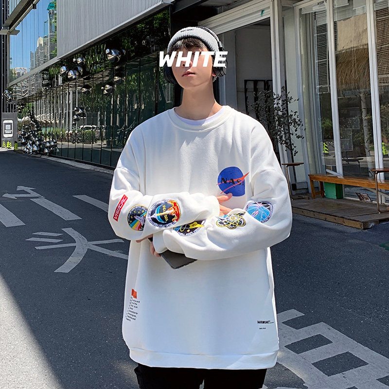 WS02重工艺万针刺绣印花圆领套头宽松大码卫衣男P45白图片