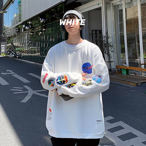 WS02重工艺万针刺绣印花圆领套头宽松大码卫衣男P45白图片