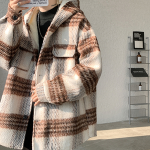 MH08`条纹ins加厚中长款羊羔毛呢料外套连帽棉衣棉服男 P118图片