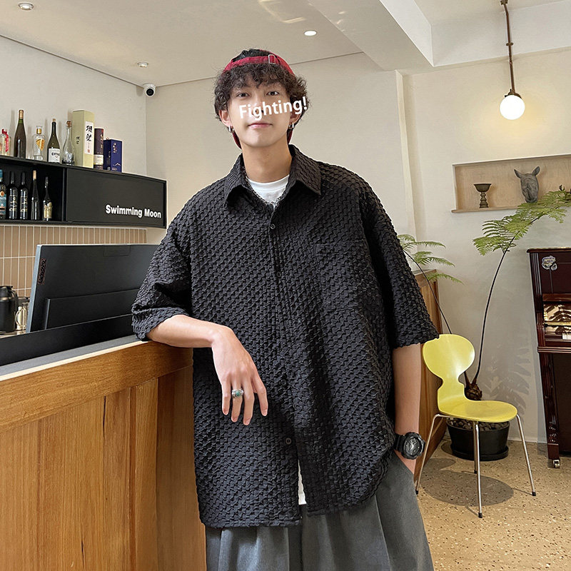 DX1529宽松大码情侣中性立体刺绣街潮短袖五分袖衬衫P4558黑,男装T恤,电商A066