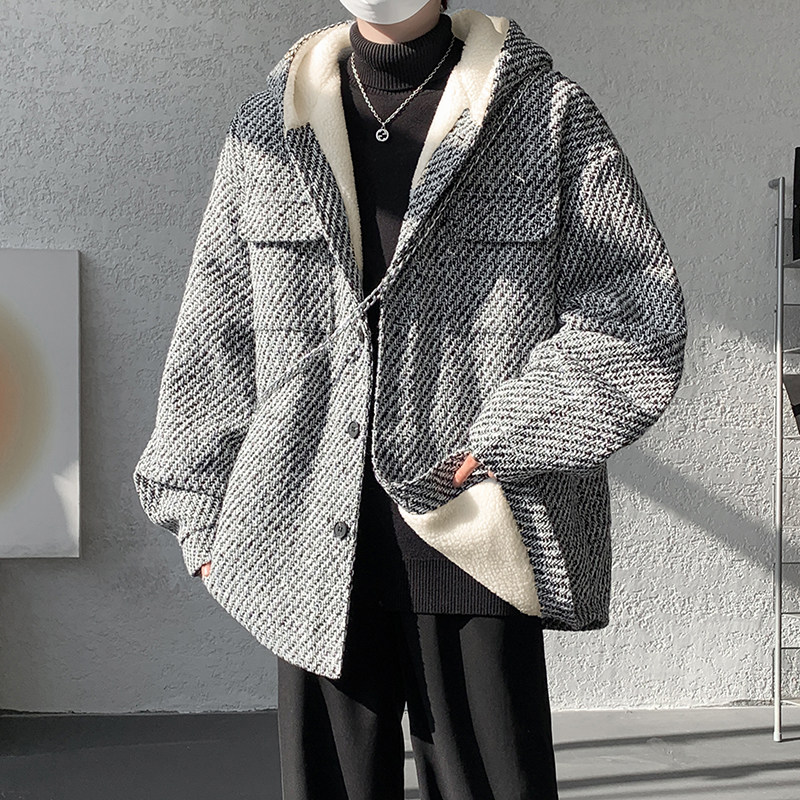 MH20`条纹ins加厚中长款羊羔毛呢料外套连帽棉衣棉服男P118,男装棉衣,电商A066