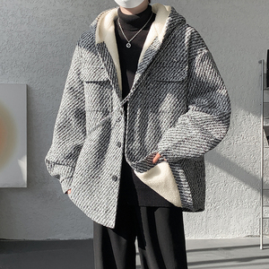 MH20`条纹ins加厚中长款羊羔毛呢料外套连帽棉衣棉服男P118