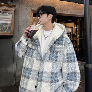 MH13`条纹ins加厚中长款羊羔毛呢料外套连帽棉衣棉服男 P118图片