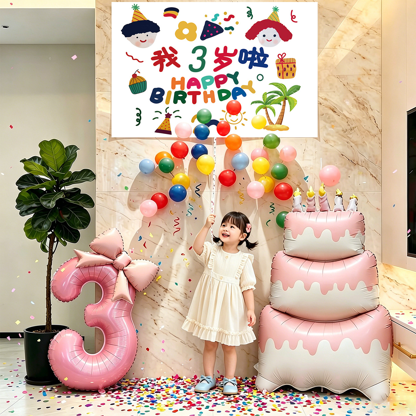 儿童生日气球雨装饰场景布置3周岁小女孩派对仪式感氛围背景拍照