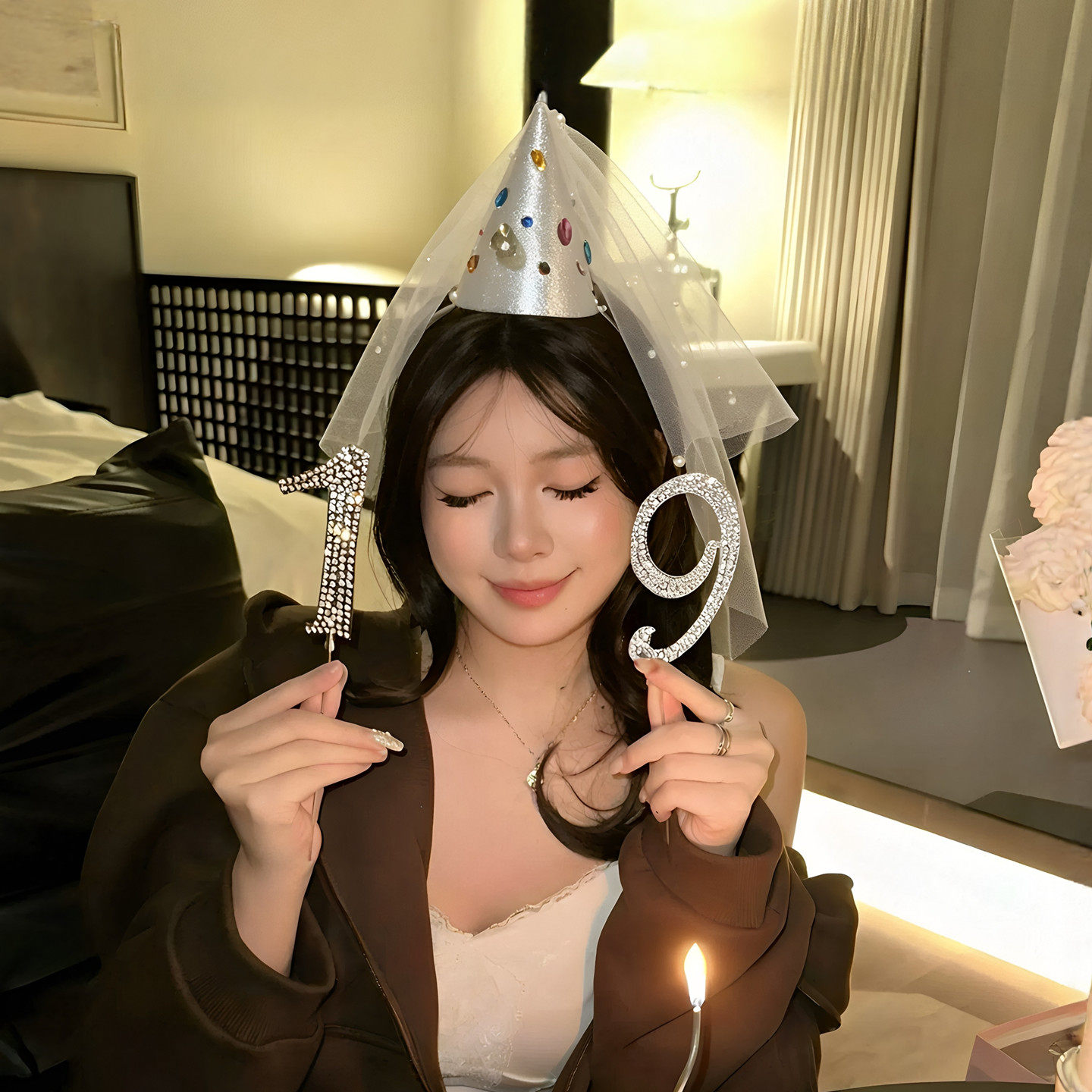 韩系生日帽头纱水钻数字蜡烛女孩公主氛围高级感甜美头饰拍照道具