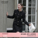 朗姿 莱茵福莱尔轻奢华丽格纹珠饰粗花呢小香风优雅连衣裙女黑色