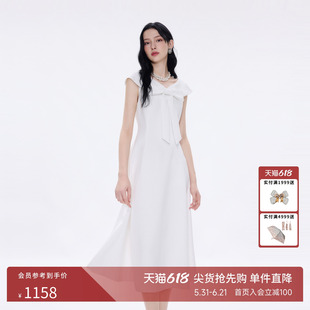 朗姿莱茵福莱尔时尚气质蝴蝶结A字裙中长款短袖V领连衣裙26夏新款