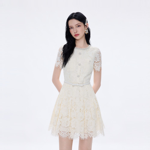 朗姿莱茵福莱尔珠钻蕾丝连衣裙女