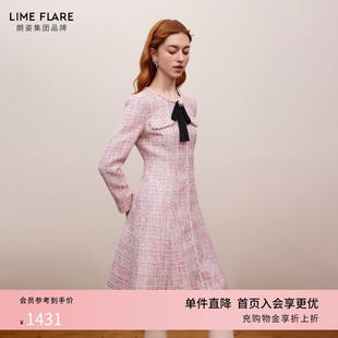 朗姿莱茵福莱尔珠饰手工织带蝴蝶结富家千金法式 连衣裙秋 温柔长袖