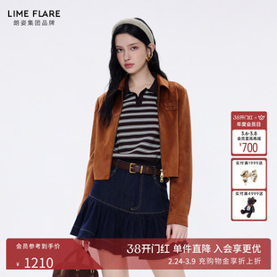 朗姿莱茵福莱尔刺绣复古短外套女美拉德气质机车翻领仿麂皮夹克春