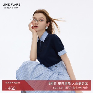 T恤女26春新款 朗姿莱茵福莱尔学院风撞色格纹翻领短袖 Polo衫