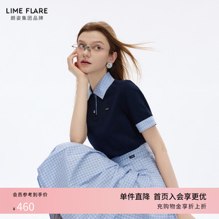 T恤女26春新款 Polo衫 朗姿莱茵福莱尔学院风撞色格纹翻领短袖