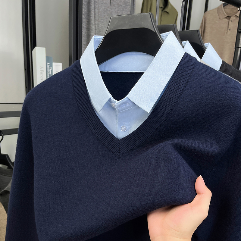 恒源祥高端假两件衬衫领打底衫衣服厚款毛线针织衫冬季男士毛衣秋
