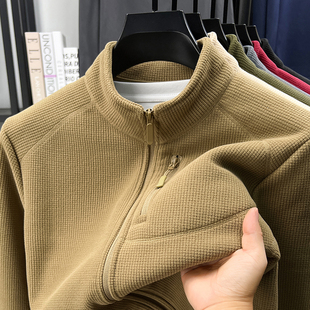 恒源祥立领华夫格外套男士秋冬款卫衣户外休闲拉链开衫加绒夹克衫