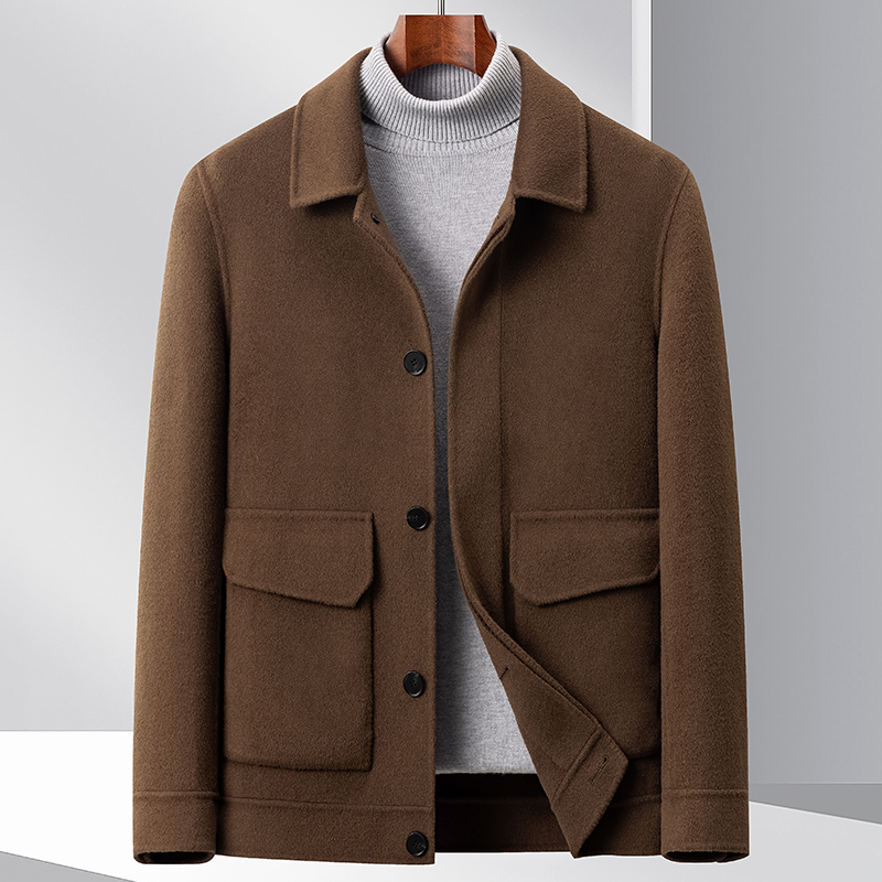 恒源祥秋冬双面呢全羊毛夹克男士短款翻领毛呢子大衣时尚通勤外套