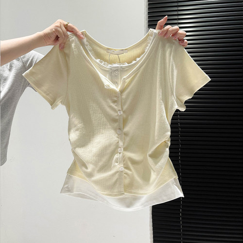 女童假两件短袖t恤夏季正肩上衣