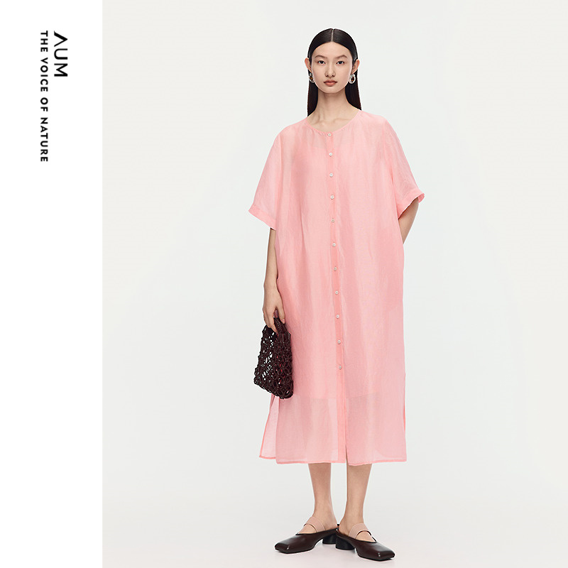 【无花果假日】AUM噢姆2025年夏季新款圆领短袖开门襟连衣裙长裙