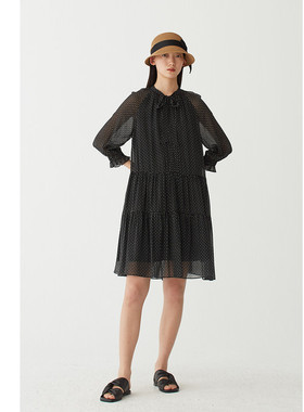 【真丝印花】AUM噢姆夏季桑蚕丝廓版轻薄蝴蝶结飘带九分袖连衣裙