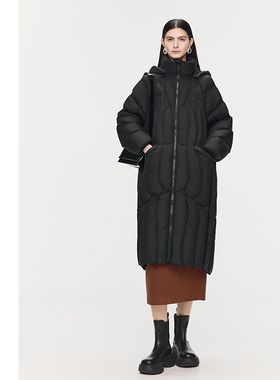 【天猫臻选】AUM噢姆2025年冬季新款中长款连帽黑色鹅绒羽绒服女